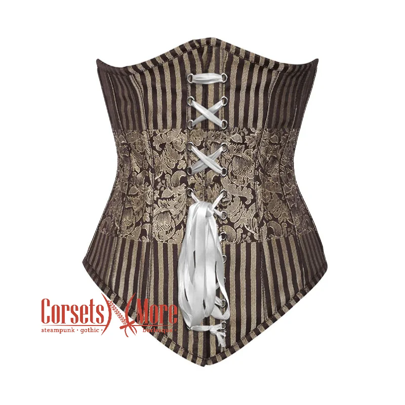 Corset for elegant style-Plus Size Brown and Golden Brocade With White Lace Gothic Long Underbust Corset