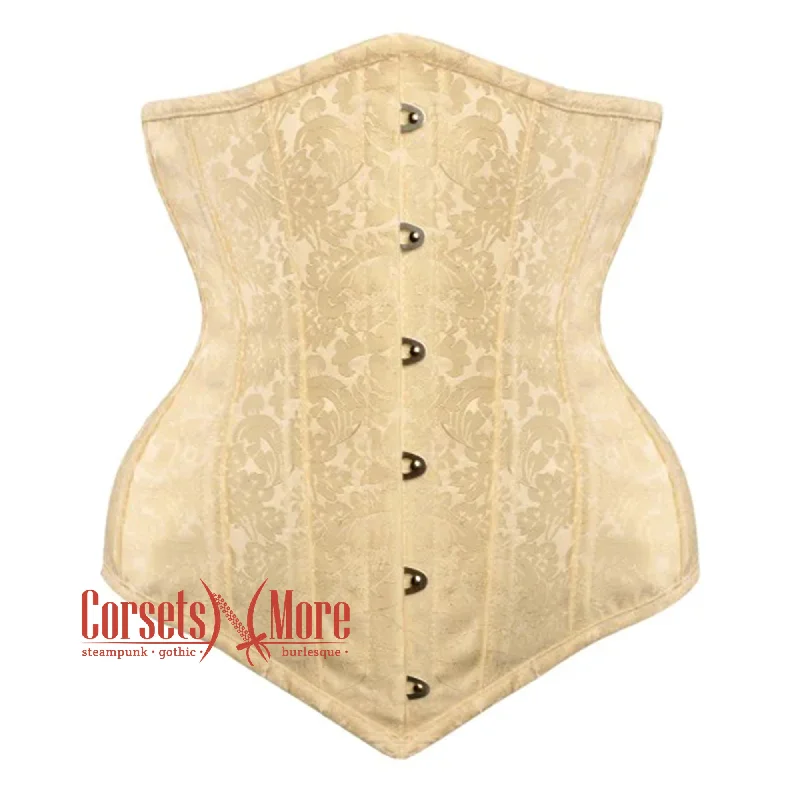 Corset with lace piping-Ivory Brocade With Front Silver Busk Gothic Longline Underbust Waist Training Corset