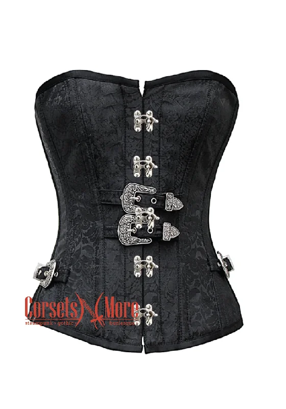 Corset for chic glamour-Black Brocade Silver Buckles Gothic Costume Waist Training Bustier Overbust Corset Top