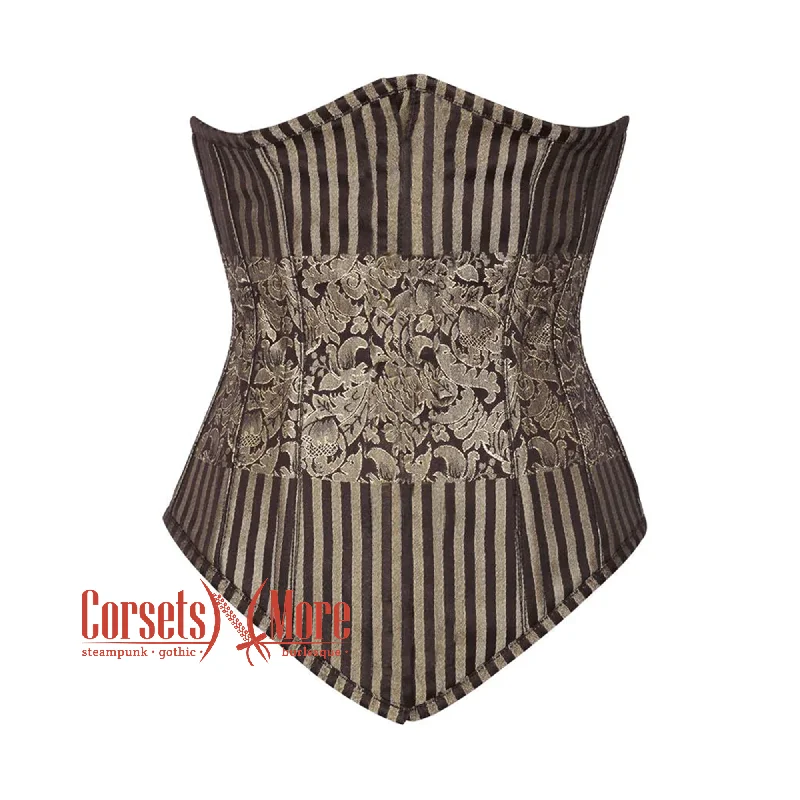 Corset in pale aqua-Brown and Golden Brocade With Front Close Gothic Long Underbust Waist Training Bustier Corset