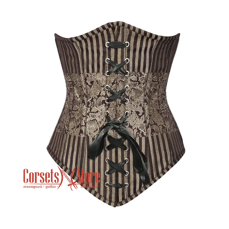 Corset top in soft cerulean-Plus Size Brown and Golden Brocade With Front Lace Gothic Long Underbust Corset