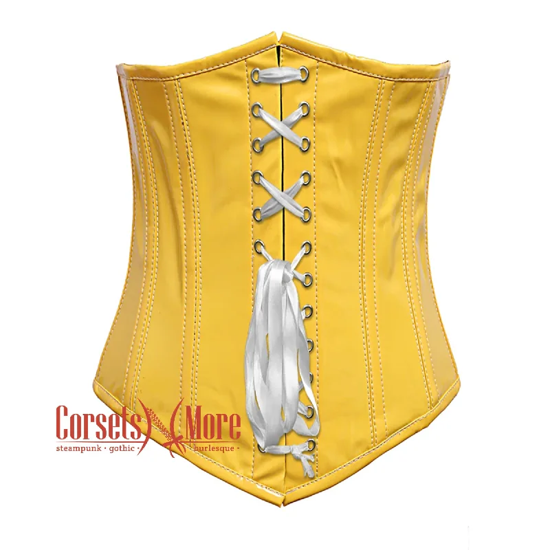 Corset dress in pale violet-Plus Size Yellow PVC Leather With White Lace Gothic Long Underbust Waist Training Corset