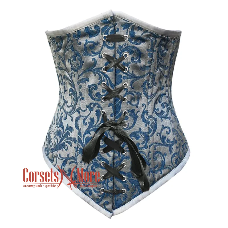 Corset for chic shaping-Baby Blue Brocade With Front Lace Gothic Long  Underbust Waist Training Double Bone Corset