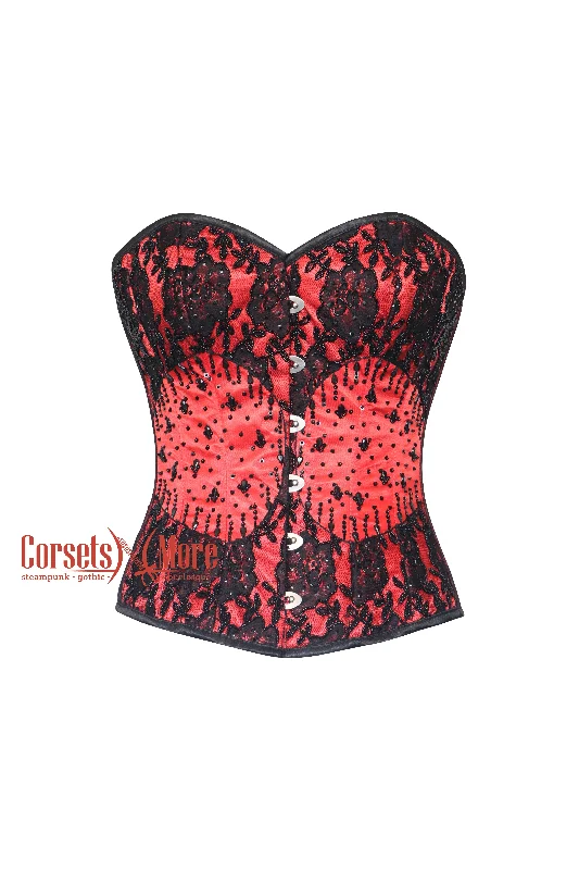 Corset with velvet piping-Elowen Nightgold Red Satin Black Sequins Handmade Plus Size Overbust Corset