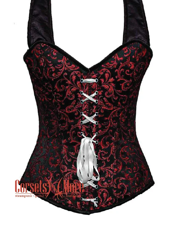 Corset with floral piping-Plus Size Red and Black Brocade With Shoulder Straps with White Lace Overbust Corset