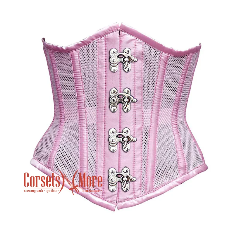 Corset for subtle contours-Baby Pink Mesh Satin Stripes Burlesque Gothic Front Clasps Waist Training Underbust Corset