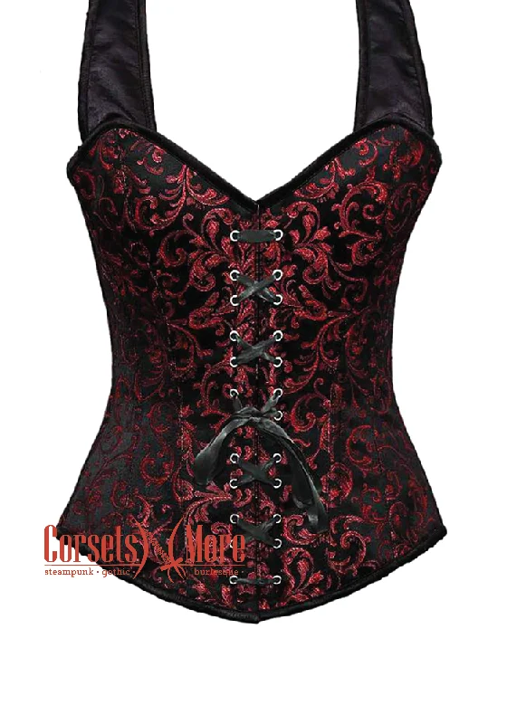 Corset dress with lace hem-Plus Size Red and Black Brocade With Shoulder Strap with Front Black Lace Overbust Corset