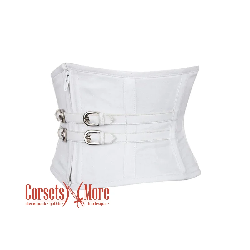 Corset for stylish flair-White PVC Leather Zipper And Belt Design Steampunk Underbust Waspie Corset