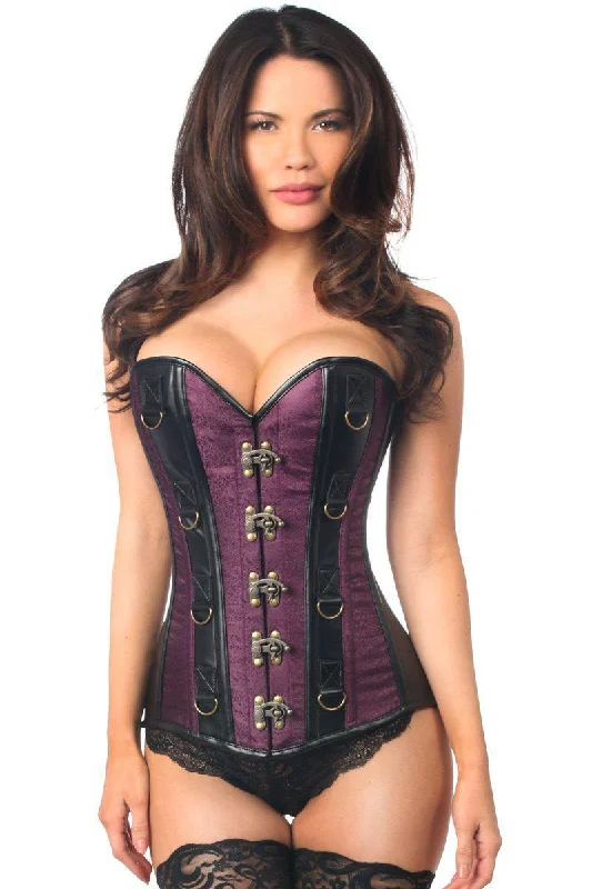 Silicone toys with raised bumps-Top Drawer Plum Brocade & Faux Leather Steel Boned Corset