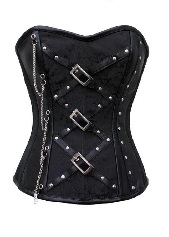 Corset for sleek chic-Black Brocade Zigzag Leather Straps Overbust Corset Waist Training Top