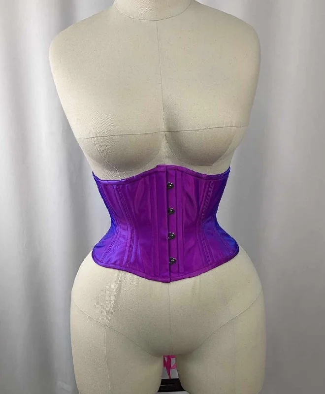 Corset with velvet ribbon-Fuschia and Blue Warp Satin Steel Boned Waspie Underbust Corset