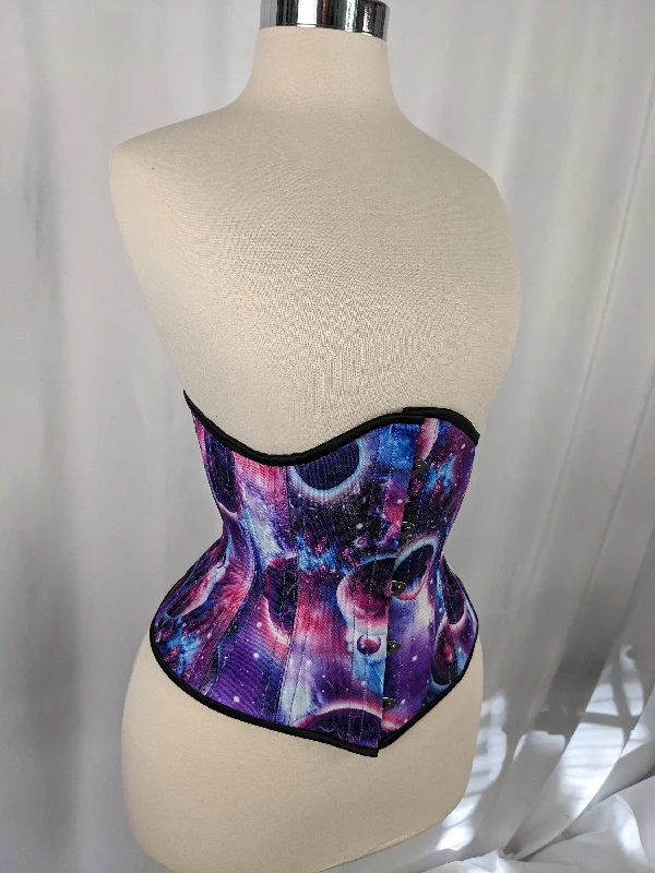 Corset with satin edging-Cosmic Space Print Steel Boned Mid Hip Underbust Corset