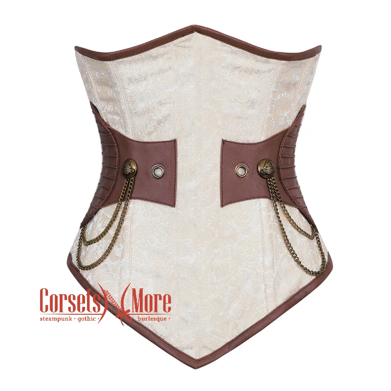 Corset in muted sienna-Ivory And White Brocade Brown Leather Front Closed Steampunk Underbust Corset