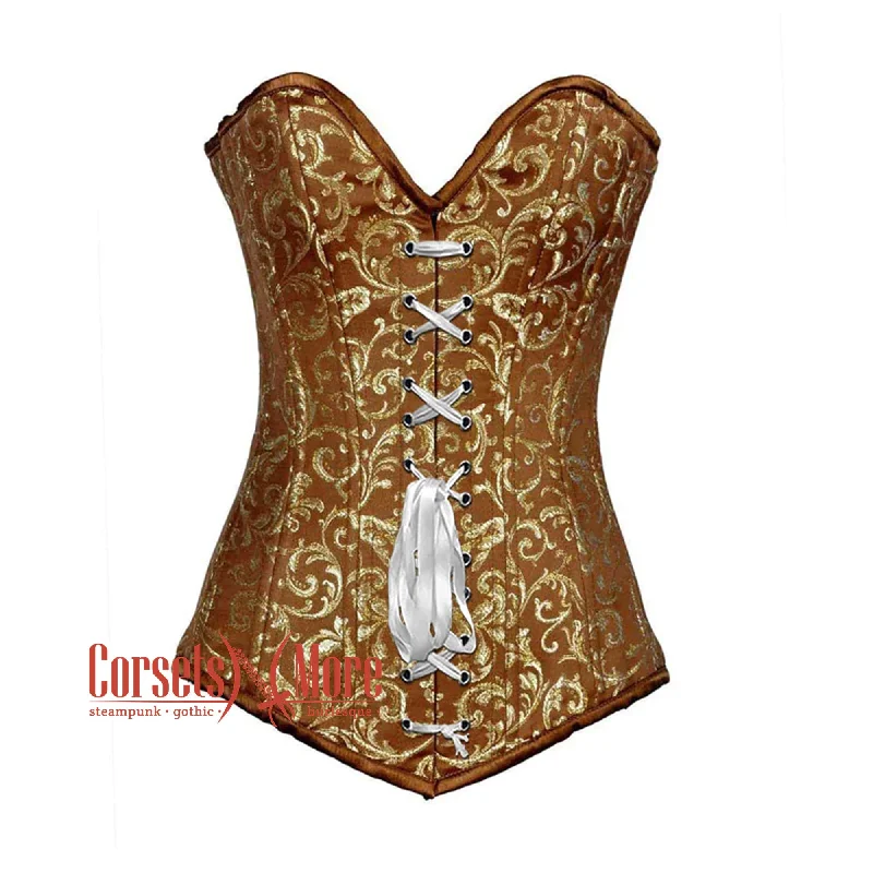 Corset dress with ruffled edging-Plus Size Brown And Golden Brocade Longline Front Lace Burlesque Overbust Corset Bustier Top