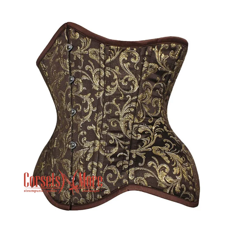 Corset top in deep cerulean-Brown And Golden Brocade Double Bone Steampunk Gothic Waist Training Underbust Corset