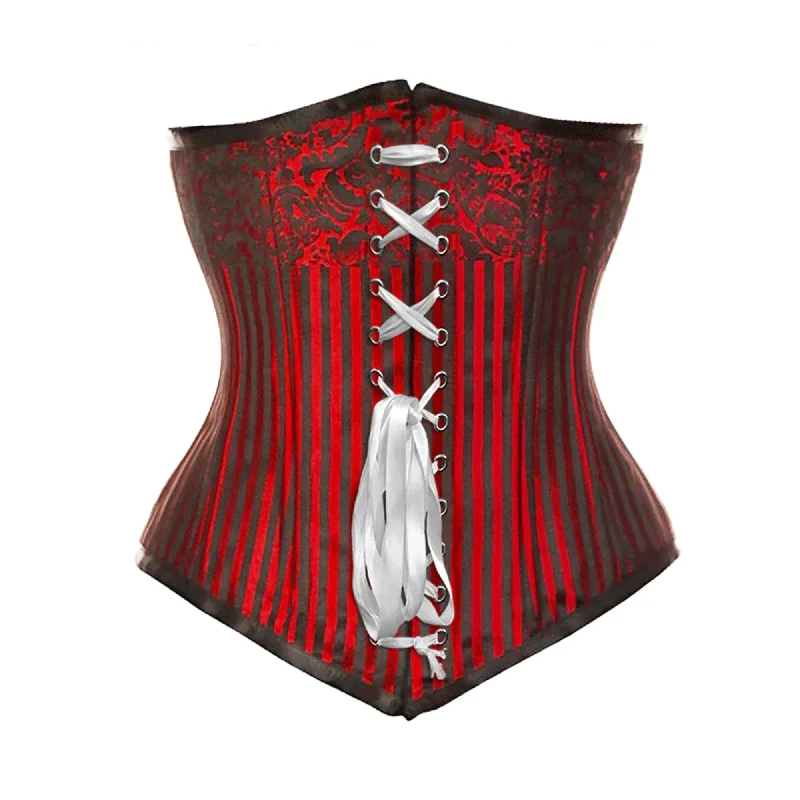 Corset dress with bow hem-Red Brocade Double Boned Front Ribbon Long Underbust Steampunk Corset