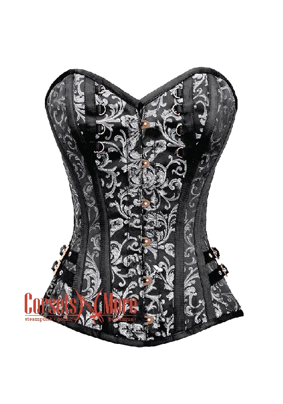 Corset dress with bow edging-Black and Silver Brocade Steampunk Overbust Gothic Costume Corset