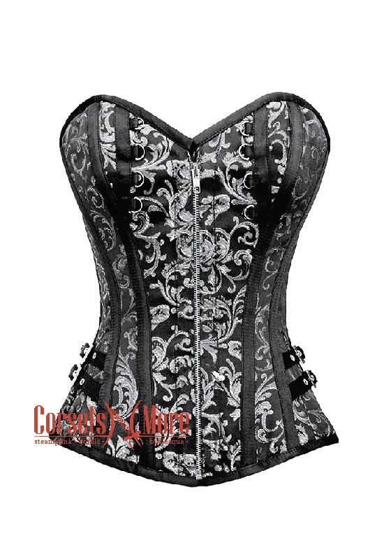 Corset top with sheer hem-Black and Silver Brocade With Silver Zipper Steampunk Overbust Costume Corset