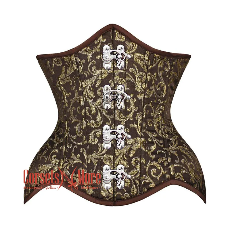 Corset with satin trim-Brown And Golden Brocade Silver Clasps Double Bone Steampunk Gothic Waist Training Underbust Corset