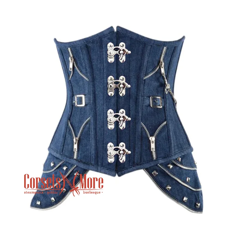 Corset dress with ruffled trim-Blue Denim Gothic Heavy Duty Front Clasps Steampunk Waist Training Underbust Corset