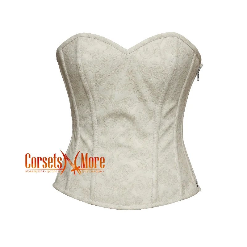 Corset top with sheer ribbon-CorsetsNmore Women’s Ivory Floral Texture Leather Gothic Overbust Corset  Costume