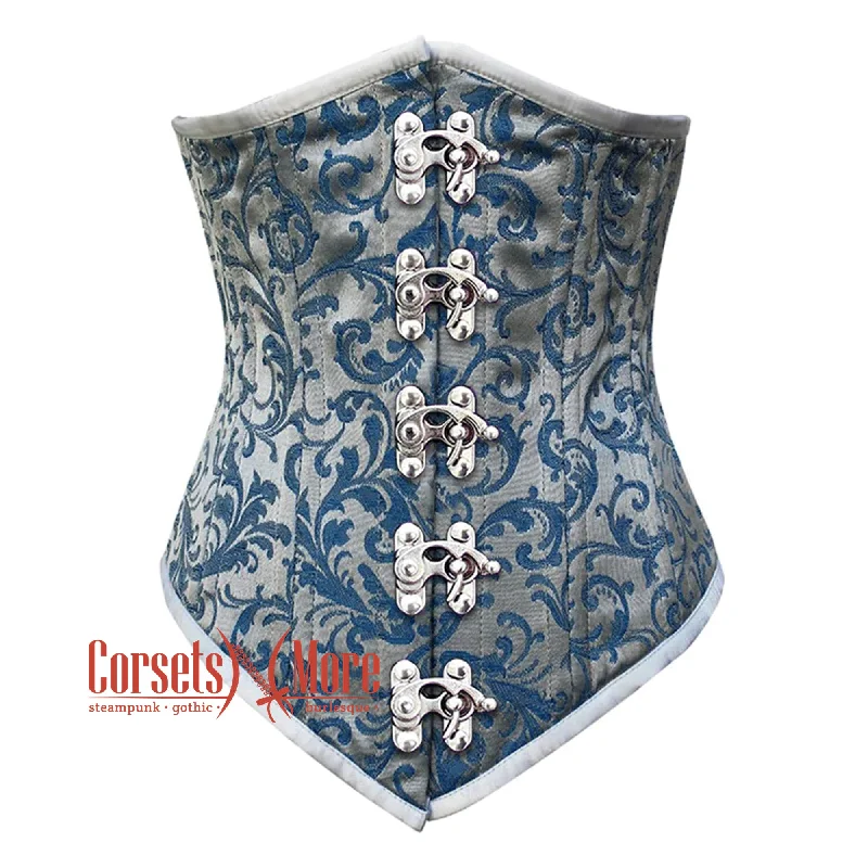 Corset top with floral ribbon-Baby Blue Brocade With Front Silver Clasps Gothic Long Underbust Waist Training Double Bone Corset