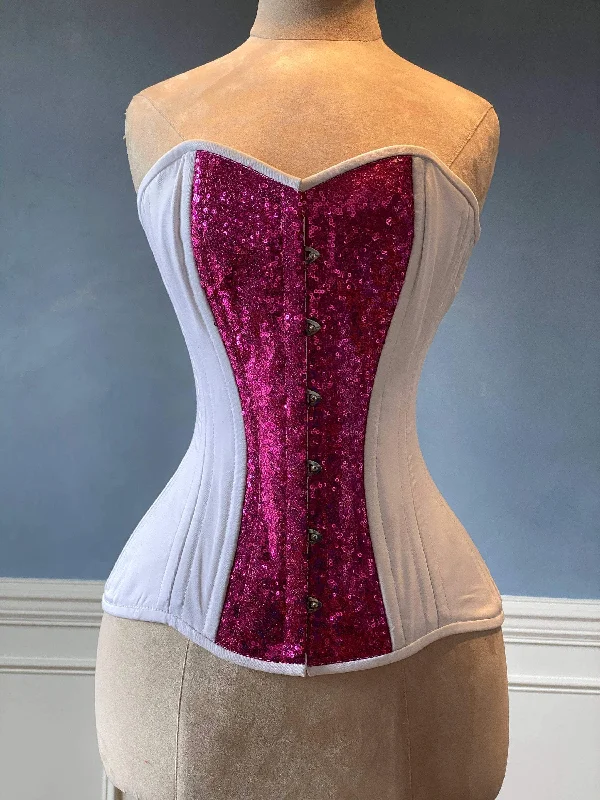 Corset for classic allure-Tuna Sushi shiny sequins and cotton overbust authentic corset with long hip-line. Steel-boned corset for tight lacing, wedding, valentine