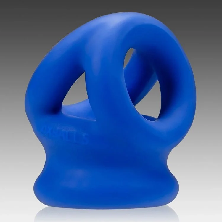 cock ring portion-Oxballs Tri Squeeze Cocksling Ball Stretcher - Blue