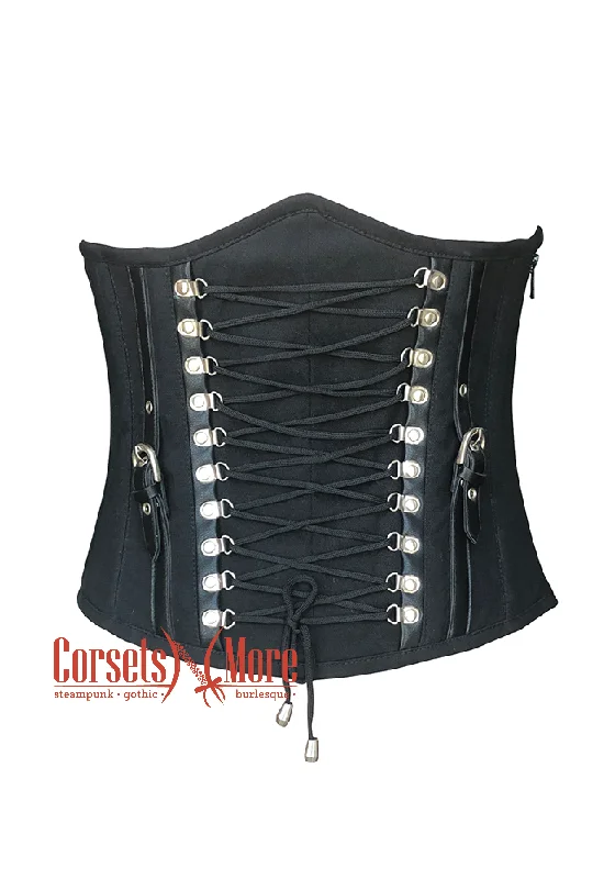 Corset with satin trim-Black Cotton Twill with Leather Belts Design and Side Zipper Underbust Corset Top