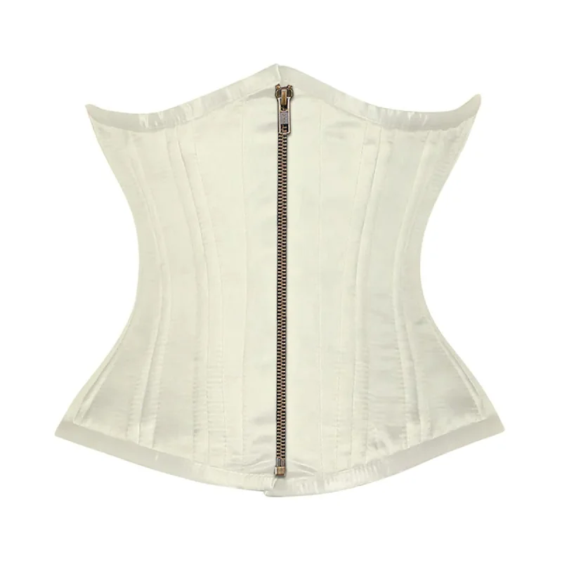 Corset top with velvet trim-Ivory Satin Double Bone Front Antique Zipper Gothic Underbust Bustier Corset