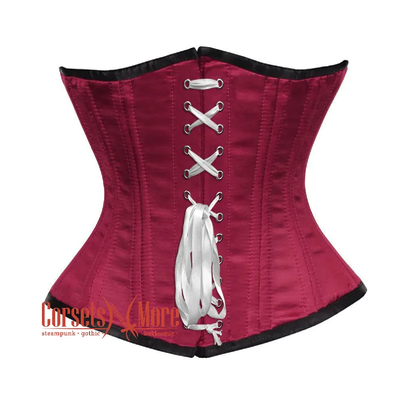 Corset in deep violet-Plus Size Maroon Satin Double Bone Front White Lace Gothic Waist Training Underbust Corset Bustier Top