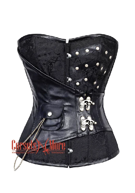 Corset top in soft cerise-Black Brocade Leather Steampunk Overbust Costume Corset