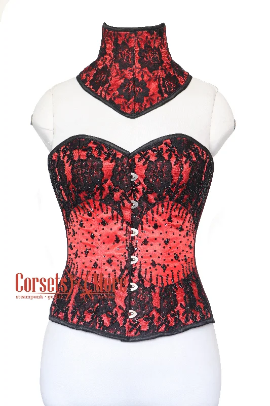 Corset for refined allure-Carmella Noir Red Satin Black Sequins With Neck Collar Plus Size Overbust Corset