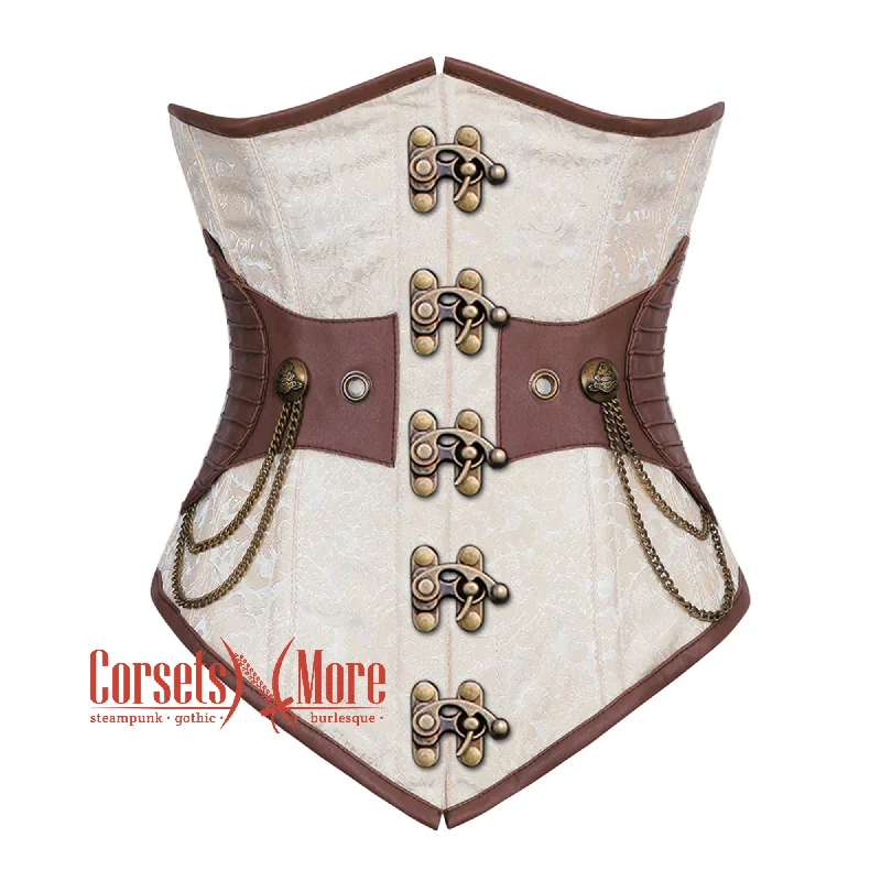 Corset with floral edging-Ivory And White Brocade Brown Leather Antique Clasps Steampunk Underbust Corset