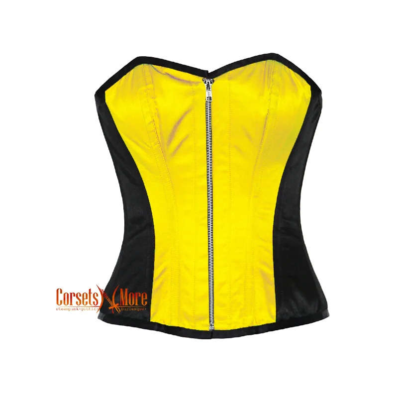 Corset with velvet edging-CorsetsNmore Women’s Yellow And Black Satin Corset Overbust Zipper Top