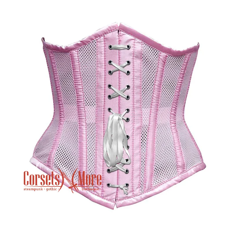 Corset dress for winter glamour-Baby Pink Mesh Satin Stripes Burlesque Gothic Front Lace Waist Training Underbust Corset