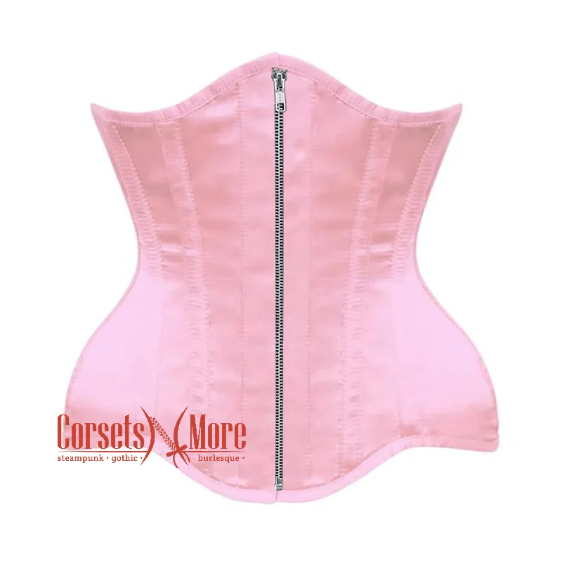 Corset with velvet edging-Baby Pink Satin Burlesque Gothic Front Zipper Waist Training Underbust Corset