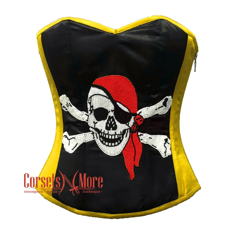 Corset with satin piping-Black and Yellow Satin Pirate Sequins Hand Work Costume Bustier Steampunk Waist Cincher Overbust Top