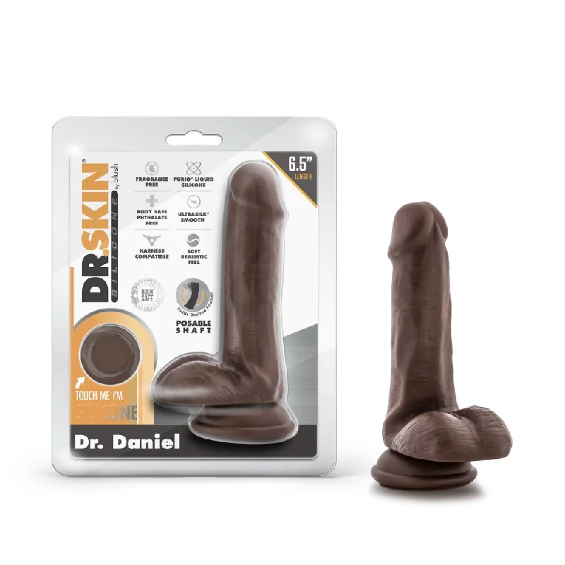 shield-dildo-Dr. Skin Silicone By Blush® | Dr. Daniel Realistic Chocolate 6.5-Inch Long Dildo With Balls & Suction Cup Base