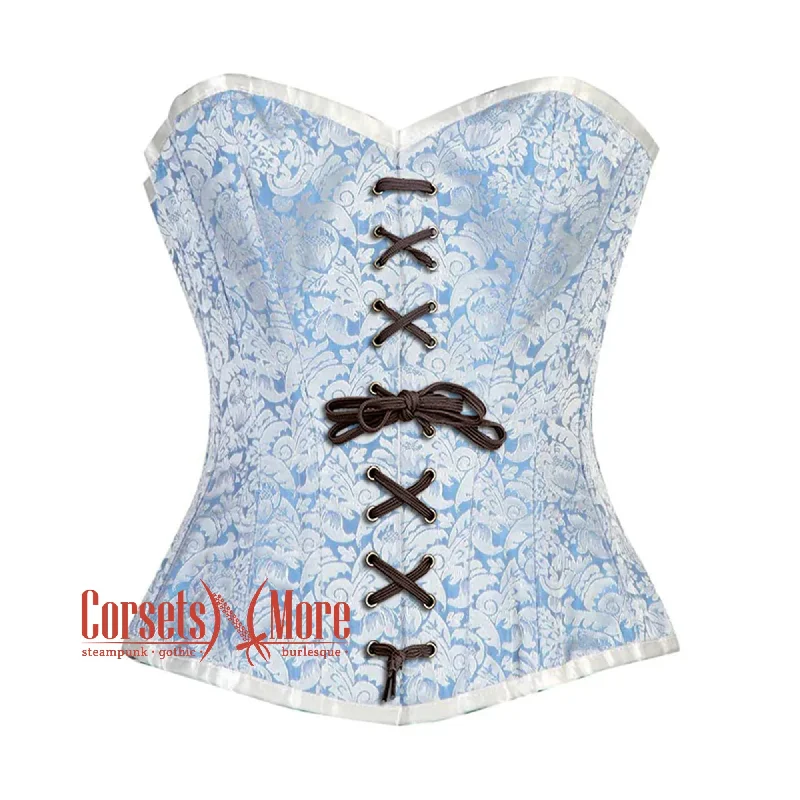 Corset top with ruched trim-Plus Size Blue And White Brocade With Lace Burlesque Gothic Overbust Corset Bustier Top