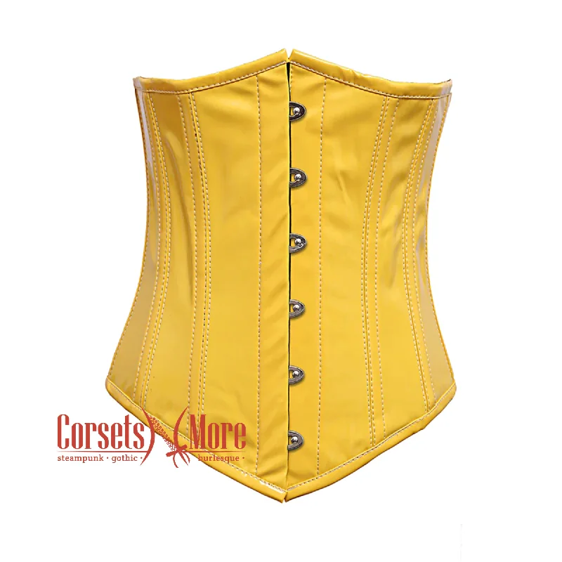 Corset dress with ruffled trim-Yellow PVC Leather With Front Silver Busk Gothic Long Underbust Waist Training Corset