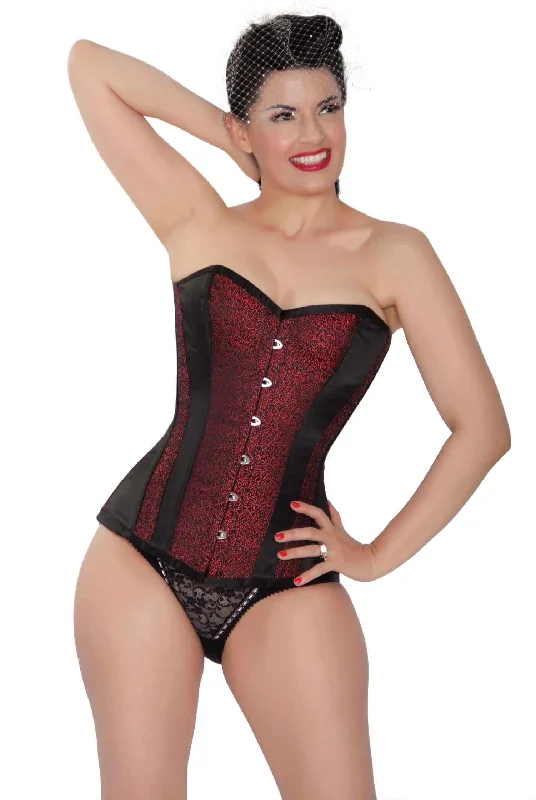 Corset top with velvet hem-Playgirl Black Long Steel Boned Corset With Red Leaf Brocade Detail