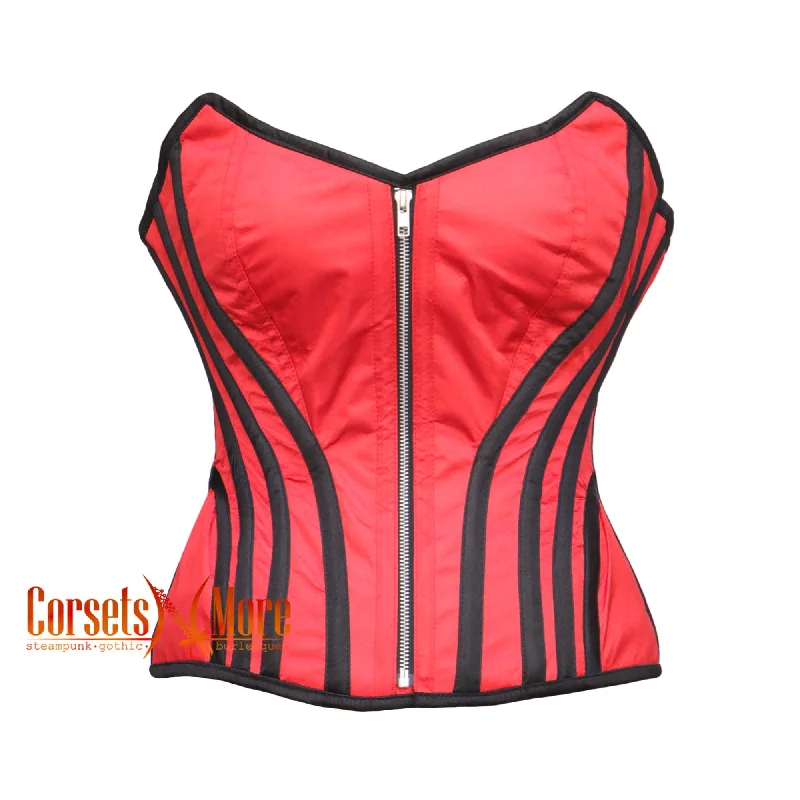 Corset in light blush-CorsetsNmore Women’s Red Satin Black Stripes Gothic Overbust Waist  Corset Bustier Costume