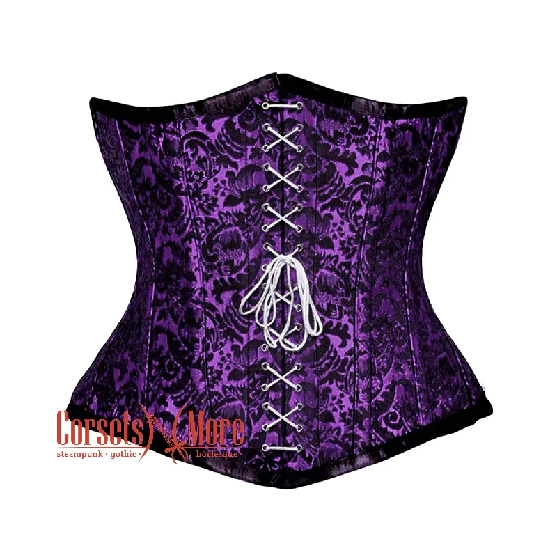 Corset top with velvet ribbon-Purple And Black Brocade Front Lace Steampunk Gothic Waist Training Underbust Corset Bustier Top