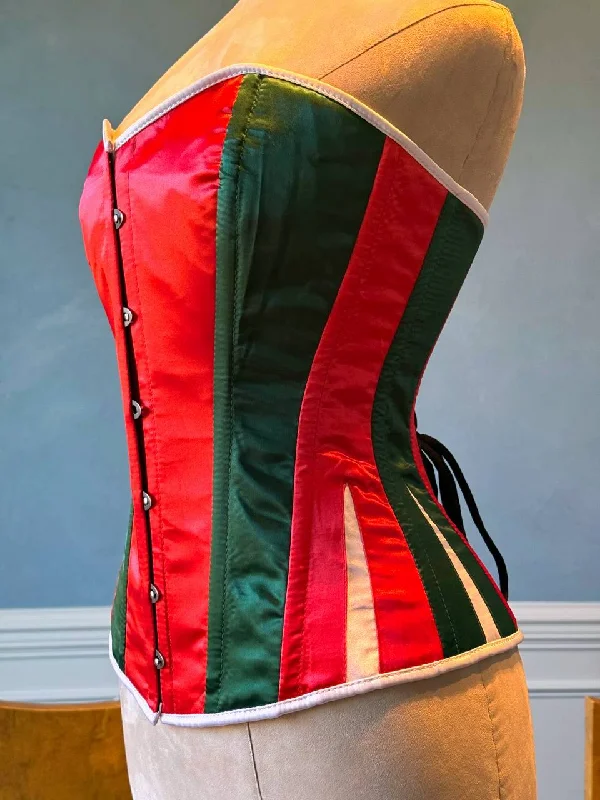 Corset in pale turquoise-Red and green satin with white Santa Christmas satin corset. Corset is made personally according to your measurements.