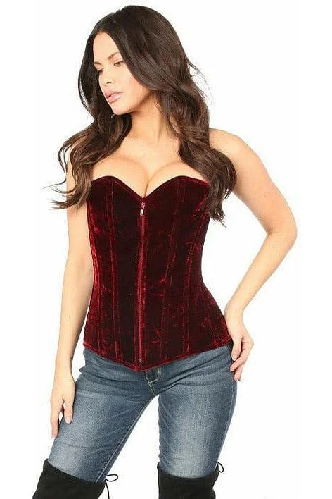 Corset with ribbon laces-Lavish Red Crushed Velvet Overbust Corset