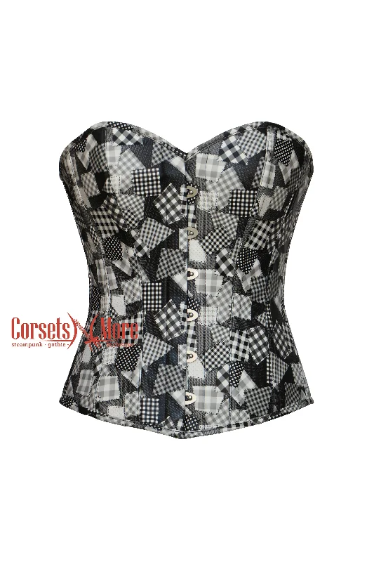 Corset with lace piping-Black And White Printed Leather Retro Theme Gothic Costume  Overbust Corset