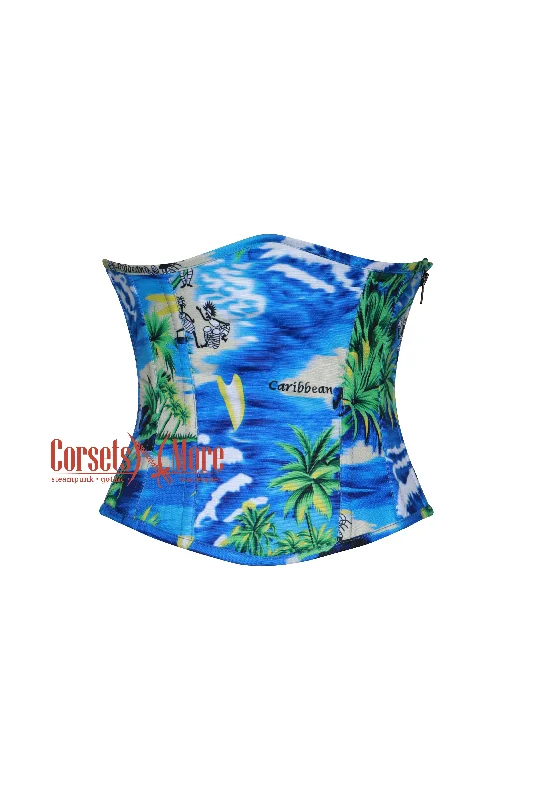 Corset with sheer inserts-Marina Seashell Summer Beach Printed Cotton Plus Size Underbust Corset