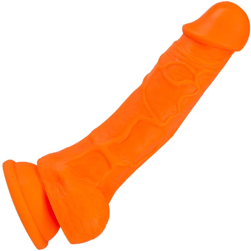 striped-edge-dildo-Neo Elite 7.5 Inch Dual Density Realistic Silicone Dildo With Balls by Blush - Neon Orange