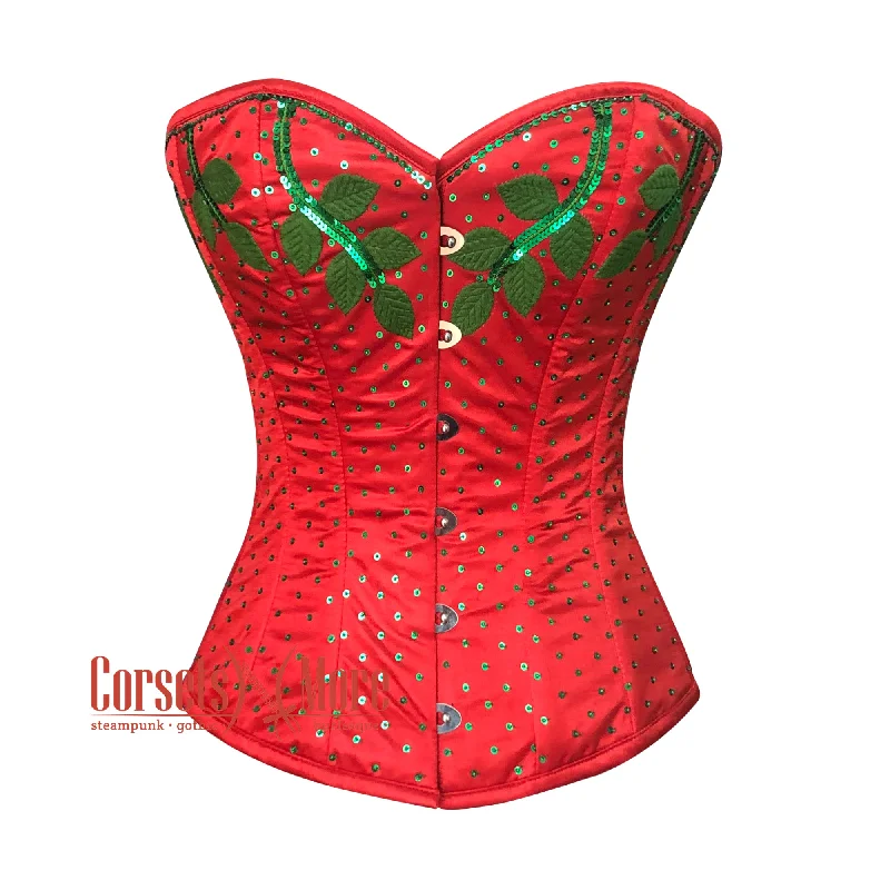 Corset top with floral edging-Red Satin Thread Sequins Work Burlesque Gothic Corset Top